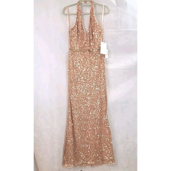 New MAC DUGGAL 5673 Apricot Sequin Sleeveless Halter Neck Gown Women's (14) $398 - Picture 2 of 10